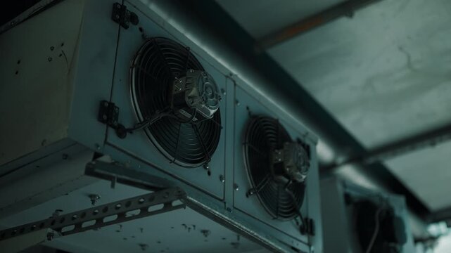 Industrial HVAC ventilation fans and ductwork on ceiling