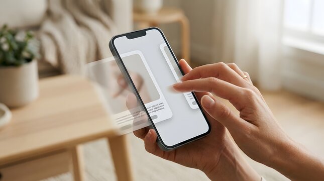 Hand holding smartphone with blank screen, representing mobile app usage, user interaction, and modern communication technology.