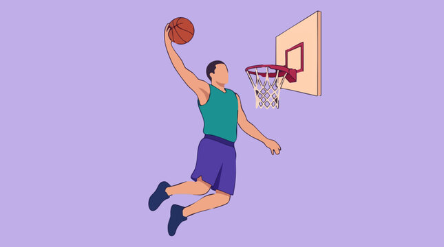 Basketball player performing a slam dunk with a ball in mid-air, flat illustration