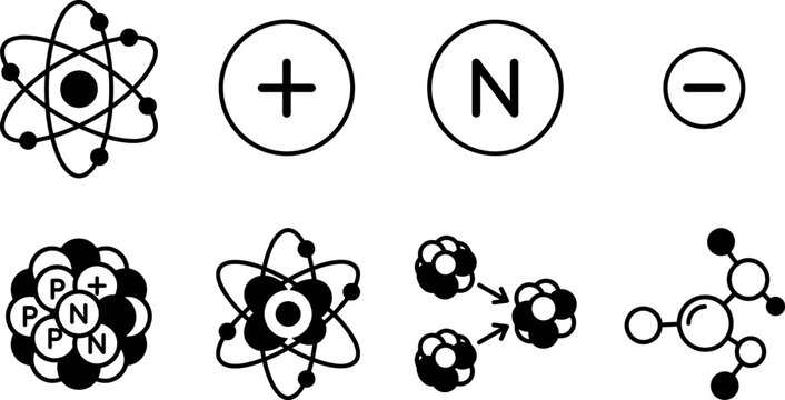 Set of physics and chemistry icons including atoms, subatomic particles, and molecular structures