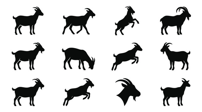 Goat Silhouette Vector Set Collection Black Billy Farm Animal Horns Icons Ram Buck Head Logo Element Isolated White Background