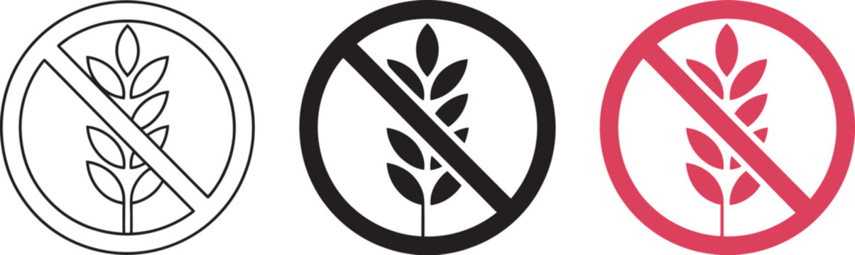 Gluten free vector icon set, no wheat or gluten symbols, wheat grains isolated on white background, vector illustration for food packaging, healthy nutrition, allergy labeling, restaurants, 