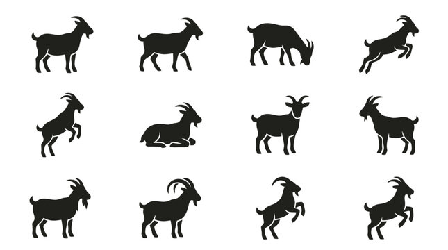 Goat Silhouette Vector Set Collection Black Billy Farm Animal Horns Icons Ram Buck Logo Element Isolated White Background
