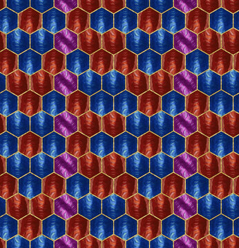 Hexagon tracery seamless texture. Jasper tile pattern. Honeycomb. Mosaic, inlay. Stained glass style. Art Deco. Seamless hexagon pattern. For wallpaper, tile, ceramic, linoleum, linens, textile.