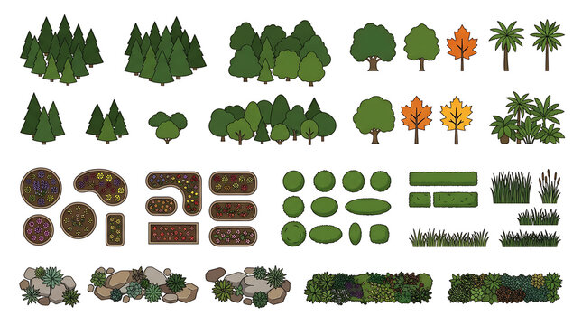 Diverse Top-Down View Vector Collection of Green Trees, Shrubs, Bushes, and Garden Plants for Landscape Design and Architectural Illustrations