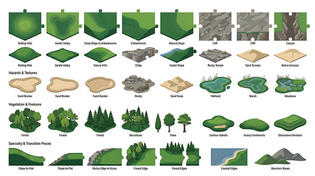 Modular isometric terrain tiles for environment design including forests, mountains, desert sand, and water elements for game levels