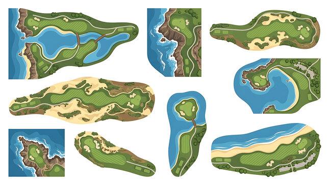 Golf course map layout set top view with green fairway sand bunker and water hazard aerial landscape illustration