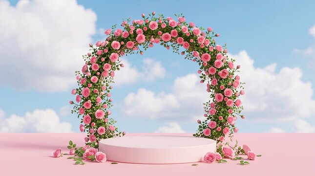 Empty pink podium for product display decorated with a circular arch of pink roses
