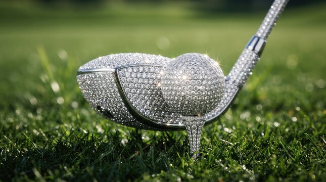 A golf club head resting on a green golf course fairway with a shallow depth of field