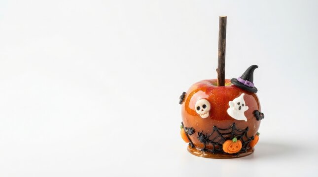 Spooky Halloween Caramel Apple with Skull and Ghost Decorations with Copy Space