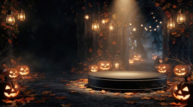 Halloween Empty Podium with Glowing Jack O Lanterns and Archway