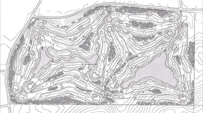 Architectural blueprint vector of a golf course layout plan featuring fairways greens hazards contour lines and landscape design