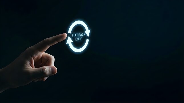 Business professional touching glowing digital feedback loop icon representing continuous improvement strategy