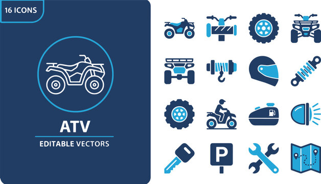 Premium set of quad bike and all-terrain vehicle vector icons including off-road gear, maintenance tools, adventure equipment, and travel symbols
