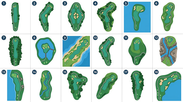 Set of eighteen overhead golf course layouts showing various green designs and fairway hazards for sports game design