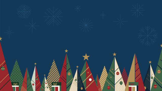 Abstract Christmas trees geometric forms modern retro style with night sky background have blank space.