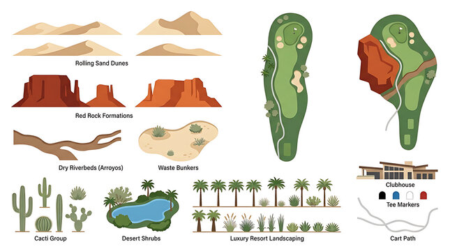 Desert golf course map creator kit featuring sand dunes, rock formations, water hazard, and resort landscaping