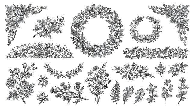 Collection of hand drawn floral elements wreaths borders and corner decorative frames in sketch style with decorative handdrawn botanical ornaments invitation