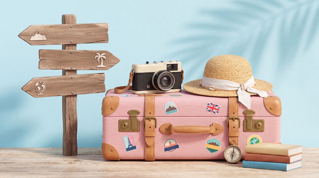 suitcase and hat, camera with signpost on pastel blue background. travel concept. 3d rendering