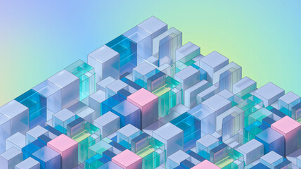 Fototapeta premium Abstract Isometric Grid of Translucent Colorful Cubes, Futuristic Geometric 3D Pattern in Blue, Pink and Green