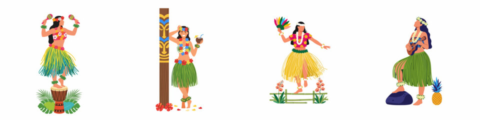 Set of Hawaiian Hula Dancers in Traditional Outfits, Featuring Tropical Elements like Tiki, Ukulele, and Drums for a Luau Celebration. © Muqodimatul