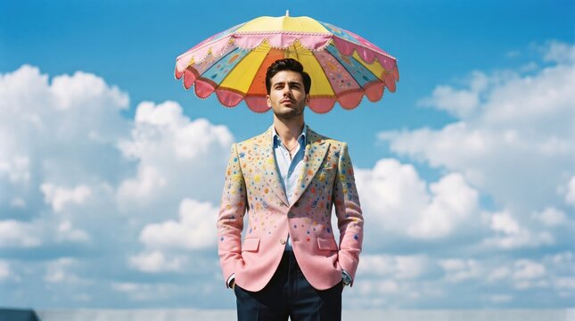 A stylish young man wearing a patterned blazer standing under a colorful rainbow umbrella against a blue sky