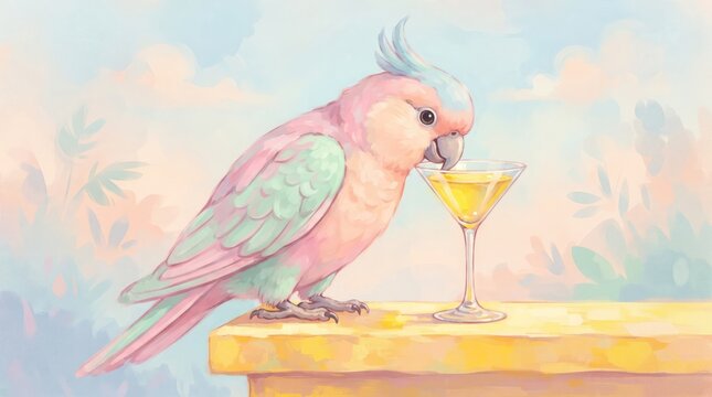 A cute pink galah cockatoo bird drinking from a fancy yellow cocktail glass on a sunny day