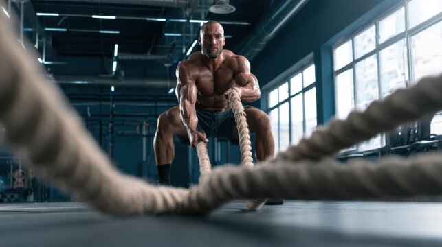 Muscular man performing intense battle rope exercise in gym with large windows during strength training workout routine for fitness and endurance building