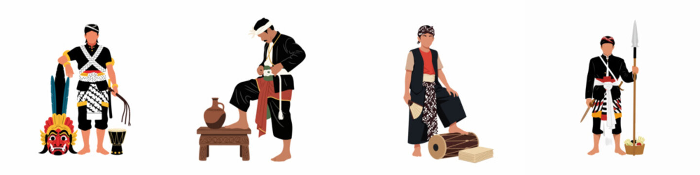 Set of four Indonesian men in traditional ethnic costumes, featuring cultural elements like Reog Ponorogo mask, kris, spear, and traditional musical instruments.