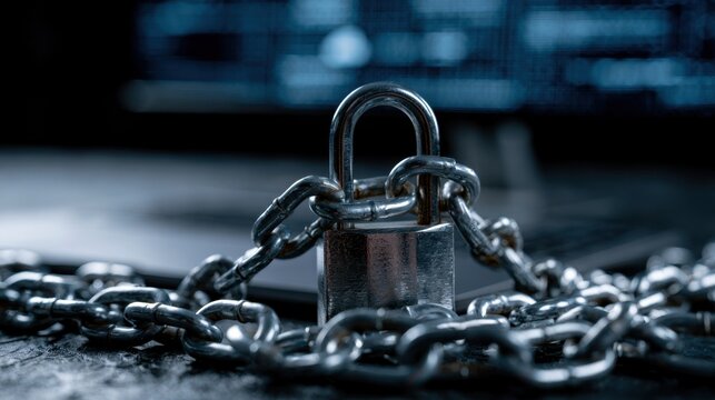 Close-up of metal lock secured with thick chain on dark surface symbolizing security protection safety and restricted access with blurred background technology concept