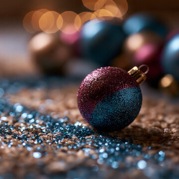 Two-tone blue and red glittery christmas bauble on sparkly surface