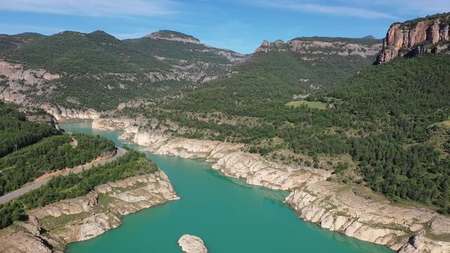 Aerial view Llosa del Cavall reservoir. Cardener. Catalonia, Spain. High quality 4k footage