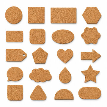Collection of natural cork board shapes including circles squares hearts stars arrows and labels isolated on white for craft projects bulletin displays texture samples and design resources