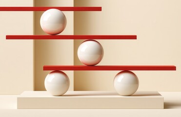 Obraz premium Balanced minimalist composition of glossy spheres and red planks on neutral geometric platforms for modern design