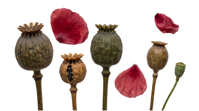 Dried poppy seed pods and scattered red flower petals isolated on a solid black background