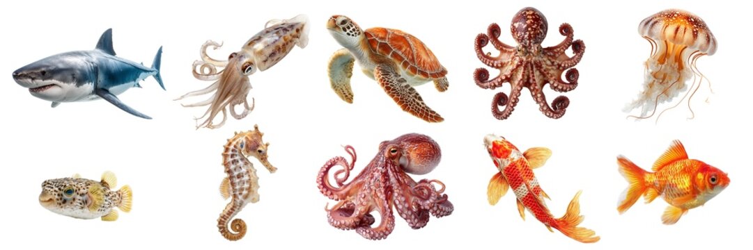 Sea life ocean animals shark sea turtles and octopus set isolated on transparent background. PNG. Generated AI