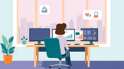 Fototapeta premium Flat Vector Illustration of Woman Working at Multi Monitor Desk Setup with Data Charts in Modern Office, Remote Work and Analytics Concept