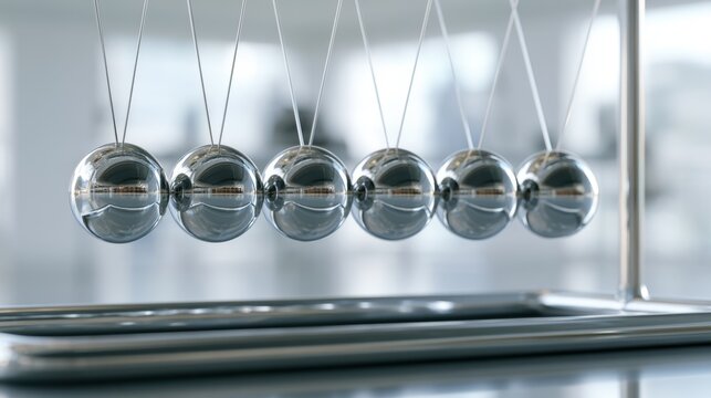 Close up of metal ball pendulum demonstrating physics concept of motion energy transfer and balance on blurred background in science or education setting