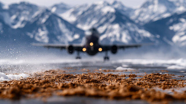 Commercial passenger airplane landing on runway near snowy mountains