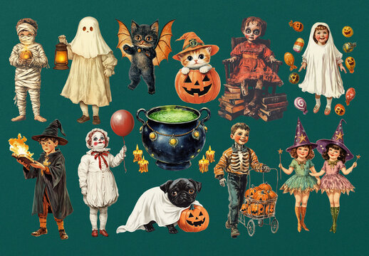 Vintage Halloween Costume Illustrations Element Set