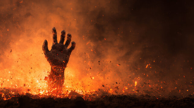 Burning Undead Hand Rising Through Dark Smoke