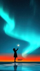 Obraz premium Silhouette of person holding sparkler under aurora borealis night sky