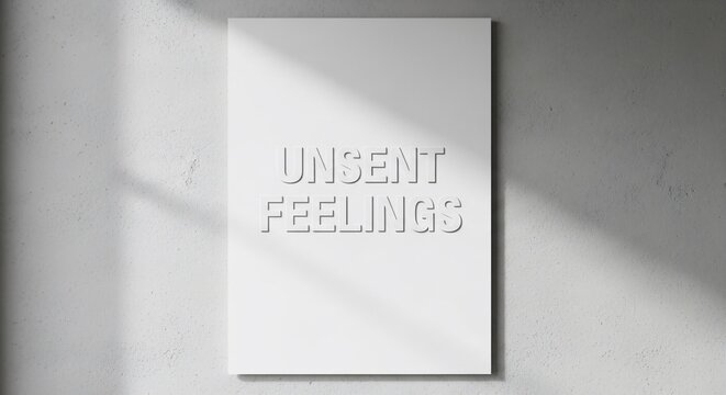 Minimalist white poster mockup with embossed text Unsent Feelings on concrete wall.