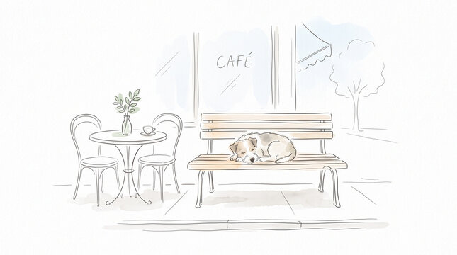 Dog resting on outdoor caf&eacute; bench with empty chairs and table  