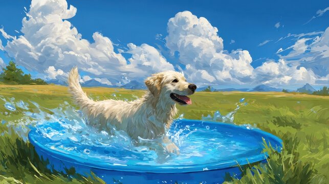 Happy golden retriever splashing in blue paddling pool on sunny summer day, digital art