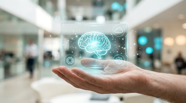 Human hand holding glowing digital brain interface hologram with icons cloud intelligence and computer processor chip.