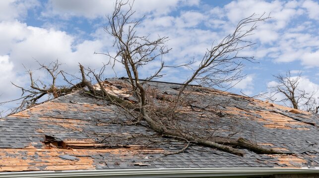 Large fallen tree branch causing extensive damage to roof with missing shingles and exposed wood under cloudy blue sky background in outdoor scene