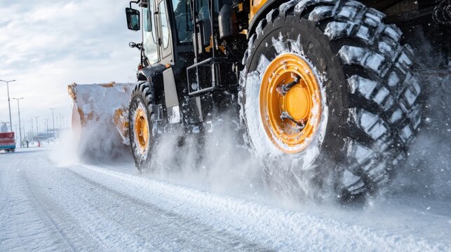 Large yellow snow plow clearing icy road in winter storm, low angle view
