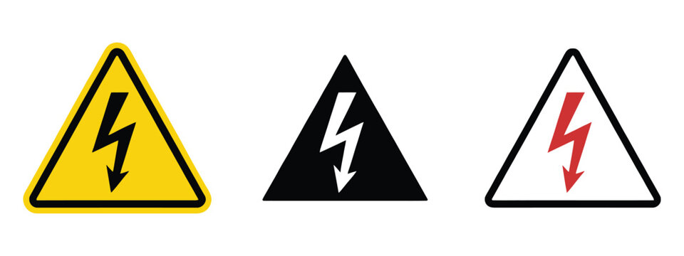 Triangle warning signs featuring lightning bolt arrows, danger symbols, and high voltage safety icons.