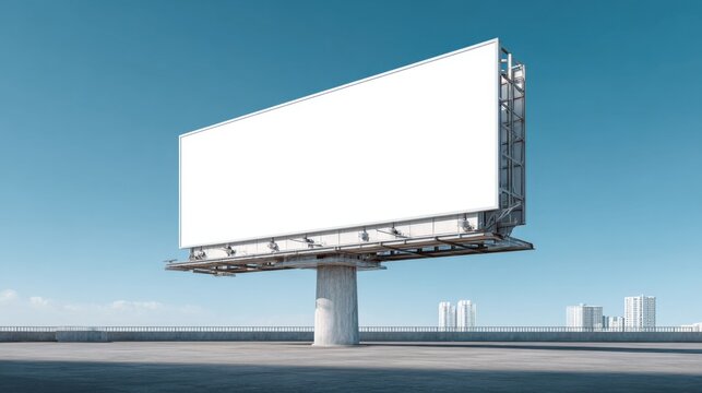 Blank white billboard mockup against clear blue sky urban cityscape
